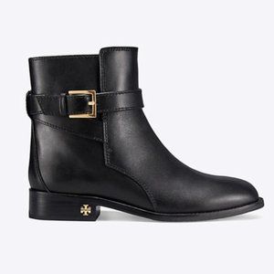Tory Burch Brooke Ankle Boots Leather Bootie Double-T Buckle Black